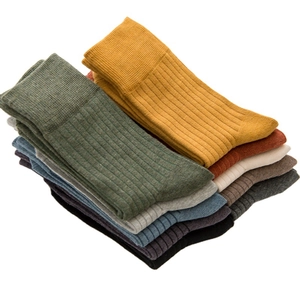 Colorful vertical ribbed cotton mid-calf socks for women in multiple trendy autumn colors