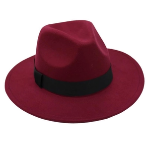 Detail view of burgundy wool felt fedora with a black grosgrain ribbon and classic crown