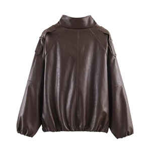 Back view of a loose dark brown faux leather jacket with stand collar and elastic hem