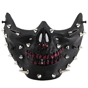 Punk Skull Half Face Mask Faux Leather Silver Rivet Red Rhinestone Halloween Masquerade Cosplay Performance Prop Gothic Style