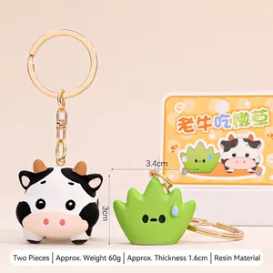 Cute resin cow and grass couple keychain set with funny pun design for bag hanging