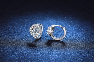 Detail of s925 silver sunflower earrings featuring a brilliant moissanite halo setting