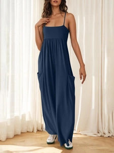 Women Jumpsuit Sleeveless Square Neck Wide Leg High Waist Backless Polyester Knit Casual With Pockets
