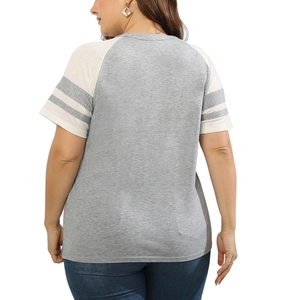 Detail view of the back of a light grey plus-size T-shirt with white raglan striped sleeves