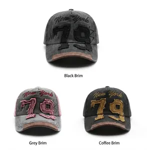 Three vintage washed baseball caps showing New York embroidery and 79 patch details