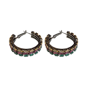 Vintage zircon hoops in dark metal with multi-color stones on white background