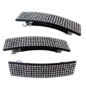 Lussuoso Fermaglio per Capelli in Acetato Strass Scintillanti Nero Rettangolo Clip a Molla Porta Coda di Cavallo Moda Donna