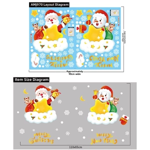 Layout and dimensions guide for Christmas window stickers featuring Santa, snowman, and elk