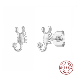 S925 Sterling silver scorpion stud earrings with crystal detail on a white background