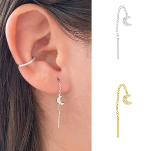 Minimalist S925 sterling silver moon tassel earrings in gold and silver finishes