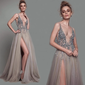 Sequin Evening Dress Beading V-Neck Sleeveless Mesh Tulle Long Formal Gown For Women With High Slit