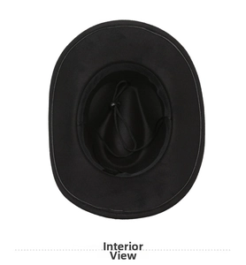 Interior view of black felt cowboy hat featuring sweatband and adjustable windproof rope