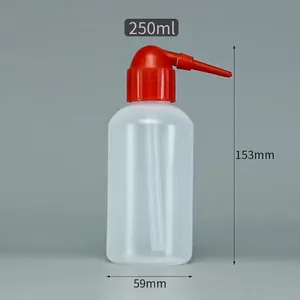 Detailed view of a 250ml white squeeze bottle with 153mm height and curved red nozzle