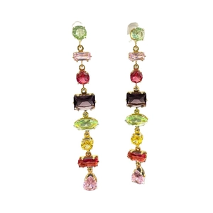 Elegant gold drop earrings with colorful pear-shaped crystals and long tassel fringe