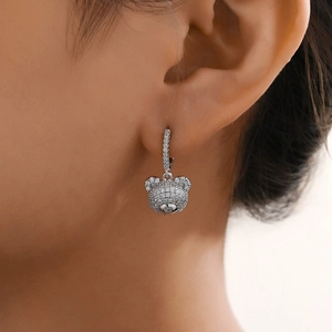 Sparkling crystal bear hoop earrings in silver plating for elegant women jewelry style