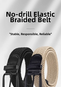 Close-up of elastic braided belts in black and beige with metallic buckles and leather trim