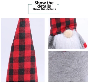 Detail of Christmas gnome with red black buffalo plaid hat and white plush beard