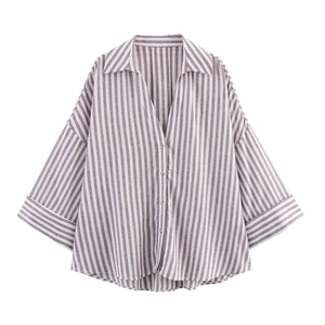 Women's brown white striped shirt with v-neck, button-down front and 3/4 sleeves
