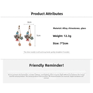 Detail specifications of floral drop earrings showing 7x2cm dimensions and alloy materials