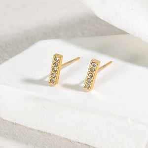 Minimalist 18K gold stainless steel bar earrings with five sparkling cubic zirconia stones