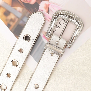 White Western rhinestone belt with studded buckle and metal eyelets for women