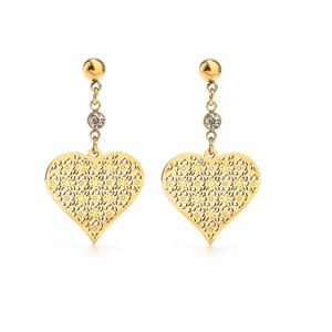 Elegant gold hollow heart drop earrings with sparkling diamonds in a minimalist design