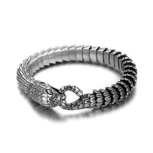 Men's vintage silver snake scale link bracelet with snake head clasp closure