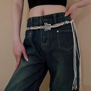 Bohemian braided waist chain with blue beads, butterfly buckle, and long tassels