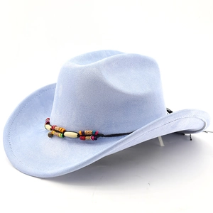 Detail of light blue faux suede cowboy hat with colorful ethnic wood bead decoration band