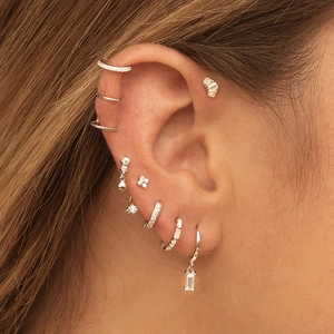 S925 silver needle drop hoop earrings with sparkling cubic zirconia in multiple piercings
