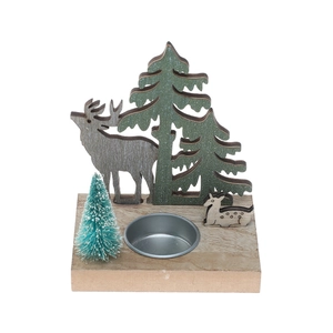 Portacandele natalizio in legno nordico con renna e mini albero di Natale
