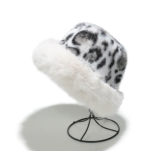 Winter plush faux fur Mongolian bucket hat with leopard print top and white faux mink brim