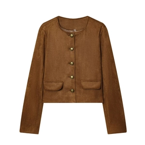 Women's minimalist brown suede short jacket with vintage metal buttons on white background