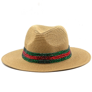 Fashion Straw Weave Panama Hat With Red Green Rhinestone Band Wide Brim Summer Beach Sunshade Jazz Fedora For Women Men