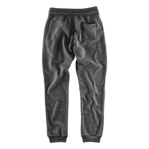 Detail of the elastic waistband and back square pocket on dark gray casual jogger pants