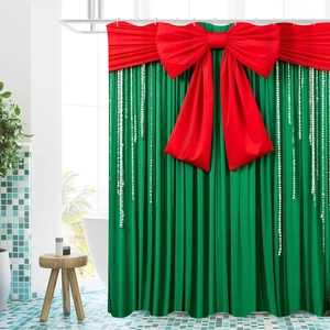 Christmas shower curtain with green pleat pattern and red festive bow design