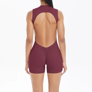 Macro view of burgundy scrunch butt romper showing open back and ruched lift detail
