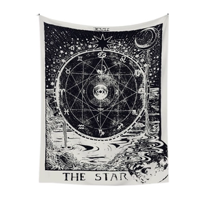 Detaillierte Makroansicht des Stern-Tarot-Wandteppichs mit Tierkreiszeichen und Metallösen