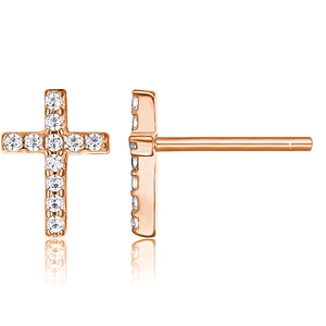 Close-up of rose gold S925 silver cross earrings with sparkling white zircon stones