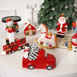 Christmas Tree Hanging Ornaments Painted Plastic Snowman Santa Train Car House Rocking Horse Festive Holiday Decor