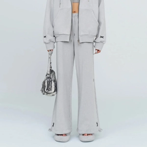 Women Cotton Wide Leg Sweatpants Adjustable Drawstring Hem Streetwear Loose Casual Pants With Cross Embroidery