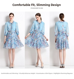 Three-view layout showing floral chiffon midi dress with tiered skirt and waist tie