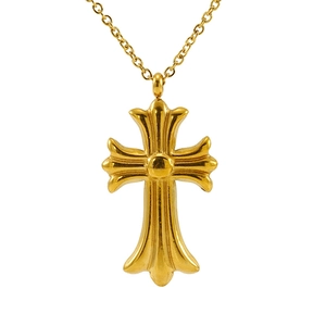 Gothic style gold cross necklace with embossed texture and fine curb chain on white background