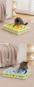 Vue détaillée du jouet puzzle pour chat avec trous, balles à ressort et grelots