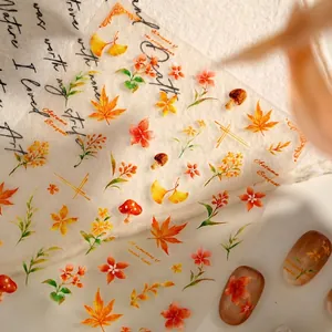 Pegatinas para uñas acuarela otoño TS-4252 con hojas de arce y setas vintage