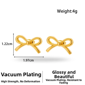 Detailed view of gold bow stud earrings with dimensions 1.97cm x 1.22cm and 4g weight