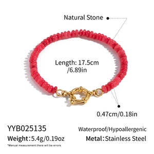 Detail view of red agate beaded bracelet with dimensions, materials and features