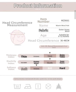 Detailed size guide for baby winter knit hat with measurements and washing instructions