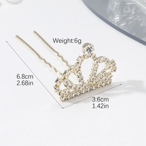 Detail showing dimensions of gold rhinestone crown hair comb for girls 6.8cm x 3.6cm