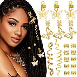 Gold dreadlock accessory set with butterfly charms and spiral coils for hair braiding